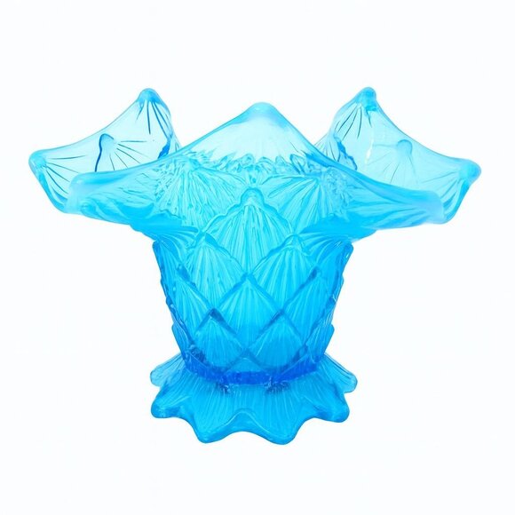 Vintage Dugan Blue Opalescent “Fishscale & Beads” Glass Ruffled Vase (c. 1908–19 - Picture 2 of 8